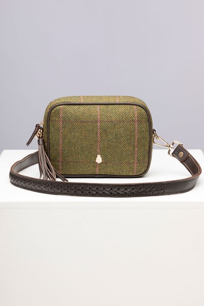 Bolso cruzado de mujer en tweed - Helmsley - Tweed Verde Oscuro/Trenzado