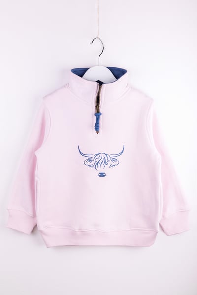 Mini Girls Quarter Zip Sweatshirt - Byland - Highland Cow Pale Pink