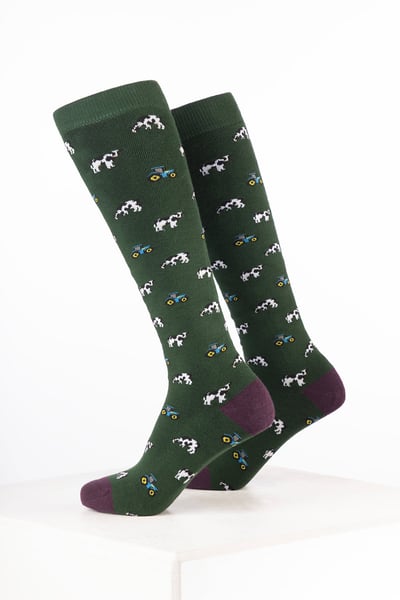 Damen-Bauernhof-Gummistiefelsocken - Traktor & Kuh Dunkeloliv