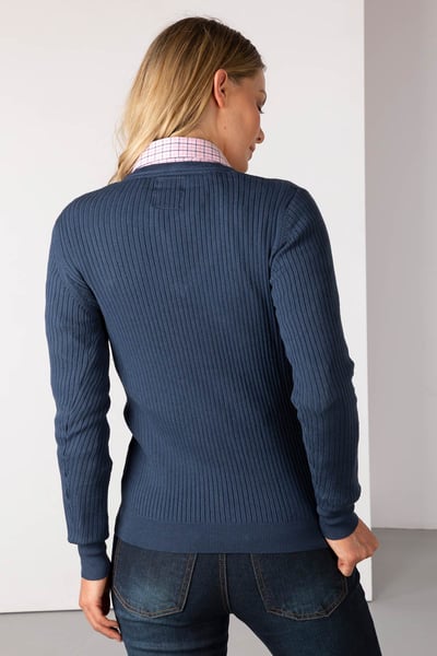 Ladies V Neck Ribbed Jumper - Gemma - Mid Navy/Pink