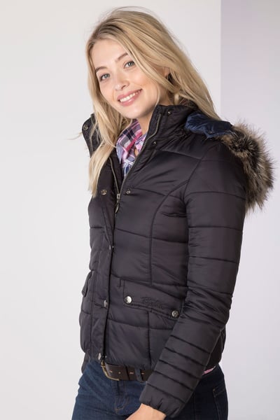Ladies Short Fur Trim Coat - Arram - Black