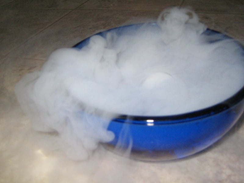 Dry ice sublimating in a bowl of water. Photo by Christopher (Salem, OR) via Wikimedia Commons, CC BY-SA 2.0.