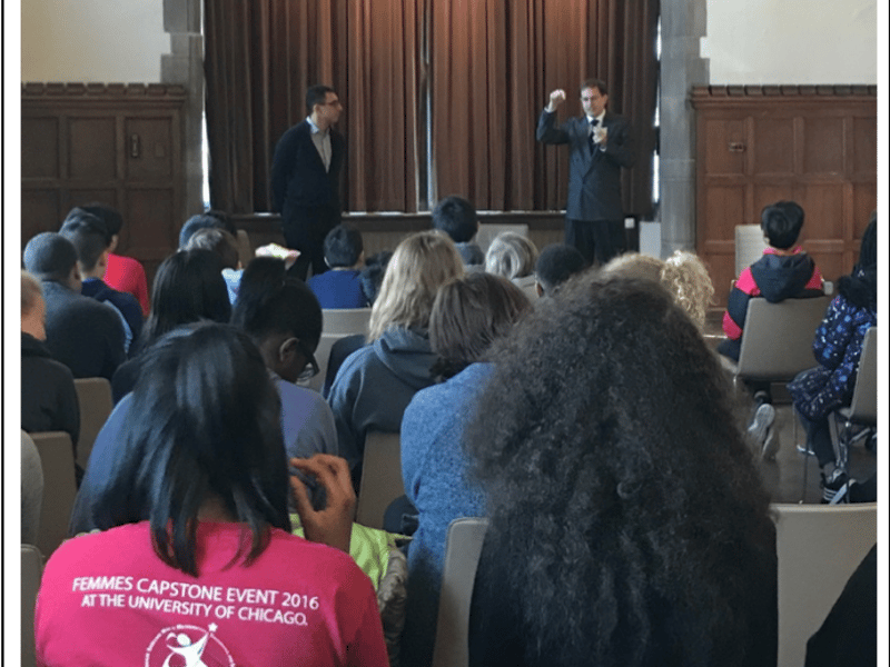 Chicago Public School students participate in a discussion of the science and events relevant to Copenhagen before the matinee performance at Northwestern University.