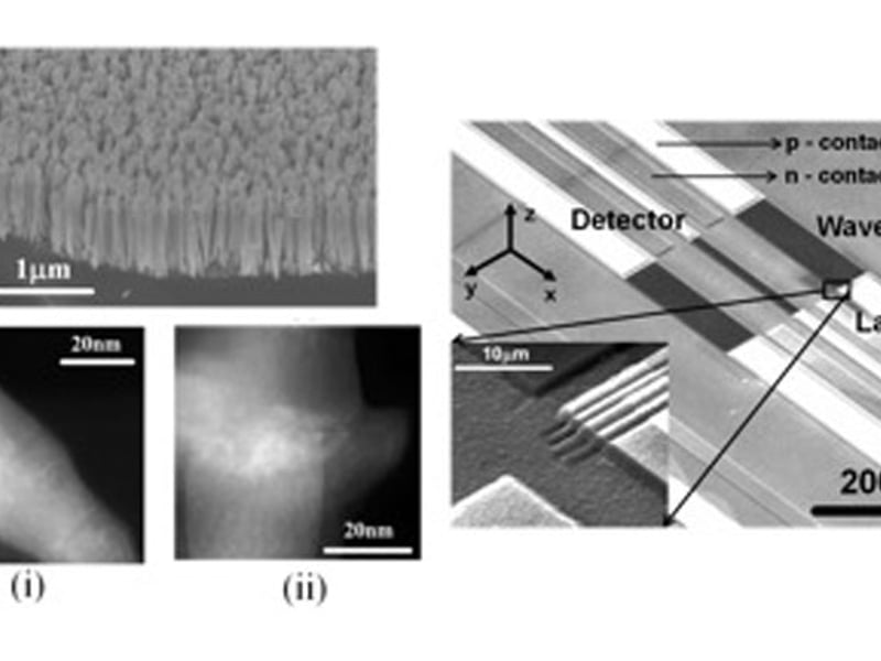 (a) SEM image of a nanowire array. (b) SEM image of the fabricated photonic integrated circuit. (c) TEM images of single nanowires showing the formation of quantum dot-like nanostructures in the InN disk regions.