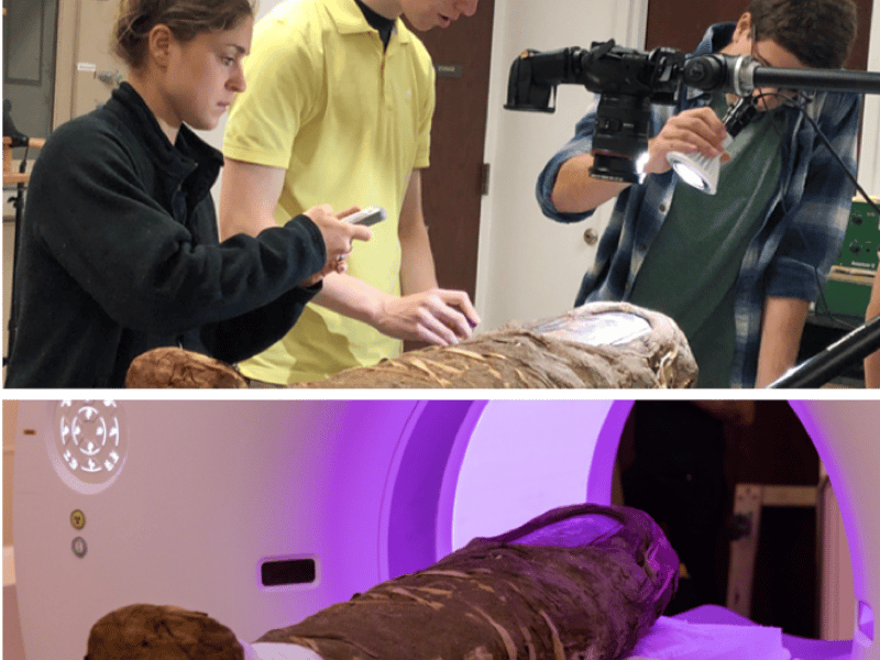 Top: Undergraduate students examine the Hibbard Mummy. Bottom: The Hibbard Mummy is analyzed using Advanced Photon Source synchrotron radiation.