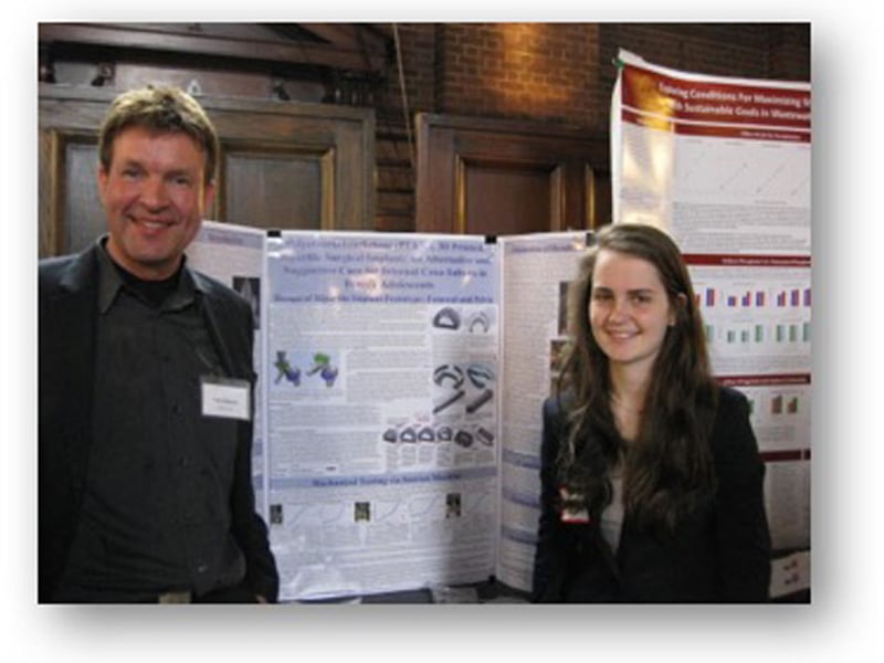 High school student Sophie Edelstein, who won the American Society of Metals (ASM) Award, with science fair judge Udo Schwarz. The ASM Award is given for the best project that “uses science to investigate materials interaction, materials response, and materials application to understand and solve problems of interest.”