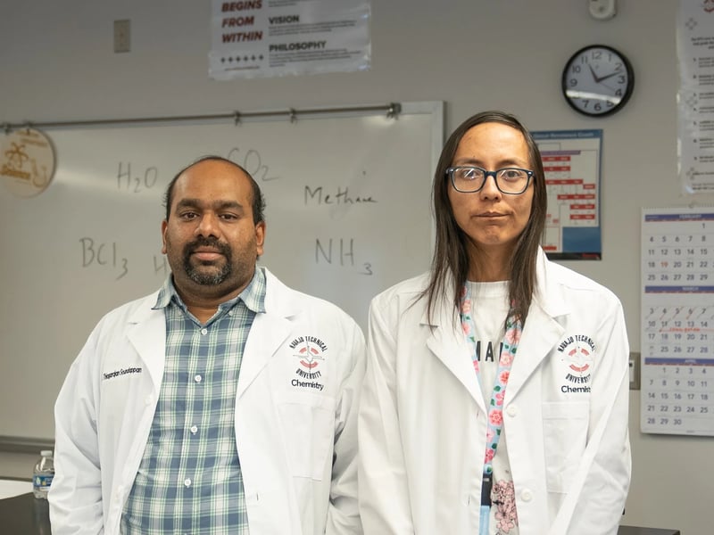 Billey and his advisor Thiagarajan Soundappan, associate professor at NTU and PI for PREM Ventures — a collaboration between NTU and Harvard University. Image courtesy of Navajo Technical University.  