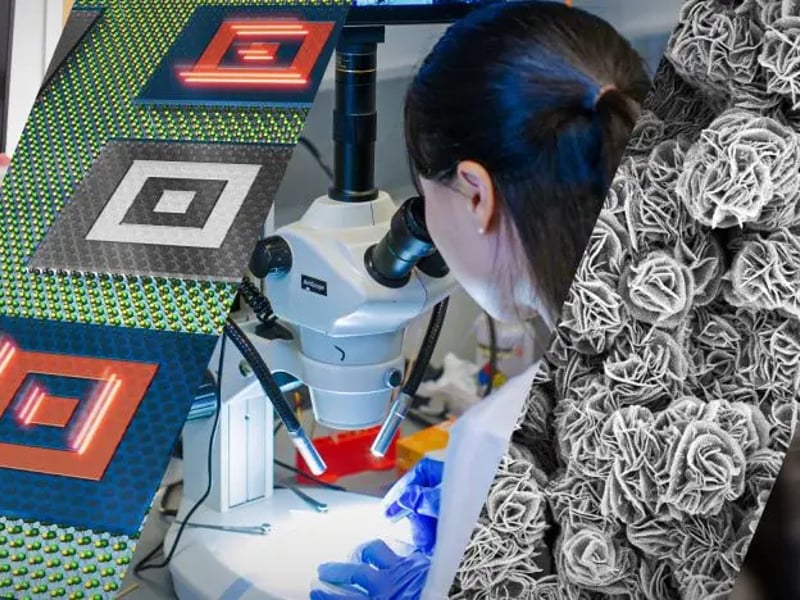 A collage of images showing scientists and research at NSF Materials Research Science and Engineering Centers.
Credit: From left: Michael J. Sailor/UCSD; Xi Huang/University of Nebraska; Aravind Devarakonda & Karl Falb/Columbia University; Rashmeet Khurana/University of Nebraska