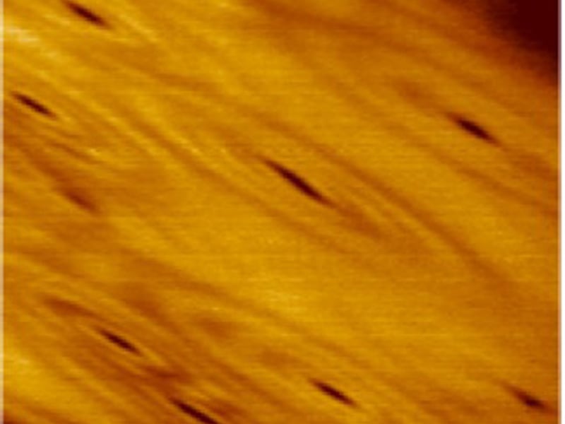 Local density of states on the surface of bismuth at magnetic field B = 12.9 T and energy E = 780 µeV. Dark concentric ellipses reflect the shape of individual electronic states. The anisotropy points in different directions for states at other energies.