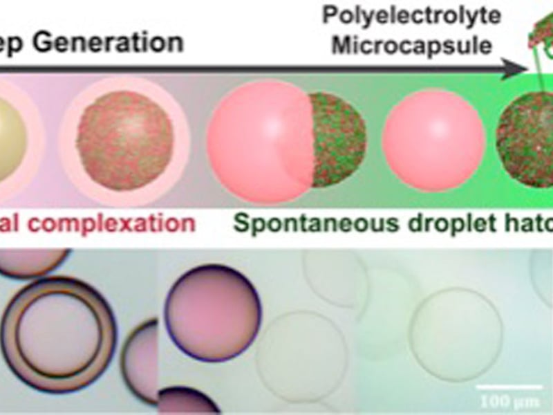 Schematic illustration (top) and optical microscope images (bottom) showing one-step generation of polyelectrolyte microcapsules using nanoscale interfacial complexation in emulsions (NICE).