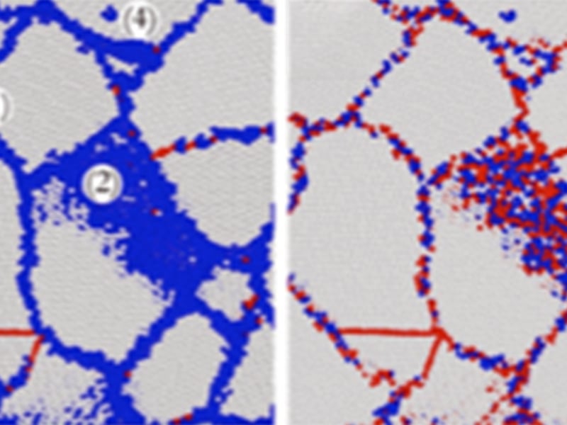 Figure shows an analysis of a polycrystalline material (created via Molecular Dynamic simulations) using ML and the concept of softness.