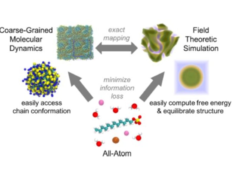 This study employs all-atom simulations to coarse-grained models using relative entropy minimization. These coarse-grained models, simulated with field-theoretic methods, enable rigorous equilibration and the study of properties difficult to access in particle-based simulations. 