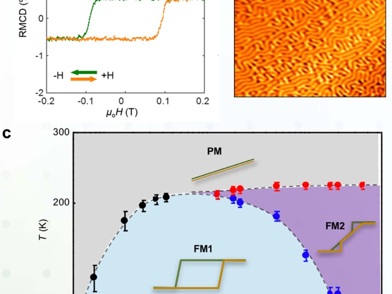 Figure 1 | a, Magnetic hysteresis loop of an Fe3GeTe2 monolayer at 15 K. Inset: atomic lattice of monolayer Fe3GeTe2. b, MFM image of a 300 nm flake at 0.03 T, showing labyrinthine domain structures. c, Compiled thickness-temperature phase diagram.