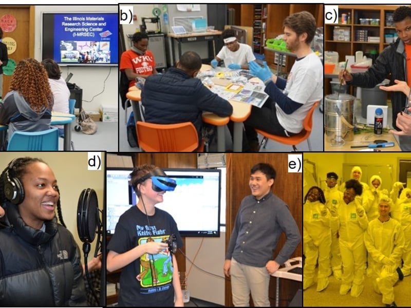 Fig. 1: a) I-MRSEC Director Mason introduces the MRSEC on the first day of the program; b) MRSEC grad student participates in “Destroy a Toy” lesson alongside several 8th graders; c) MRSEC faculty Huang leads the class in demos to teach about materials science; d) Two 8th graders record a song they wrote; e) MRSEC grad student Kang leads a VR activity during the field trip to MRL; f) a group of students and their teachers at the end of a cleanroom tour during the field trip to MRL. Image source: Photos c) – f) by B. Innes.