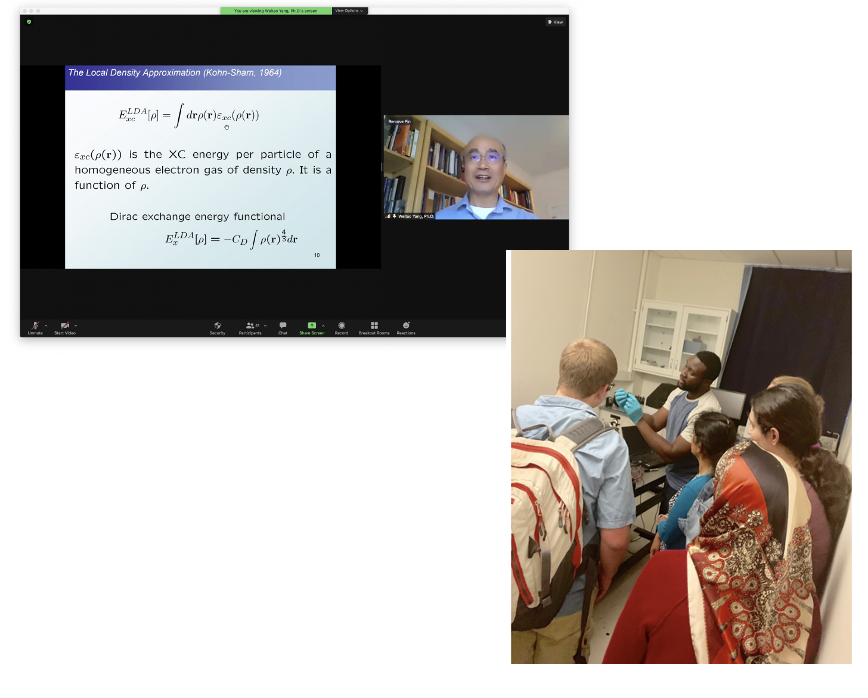 Prof. Weitao Yang (Duke), providing a virtual lecture ‘Exchange-correlation Functionals in DFT’ (top). Stephen Amoeh demonstrating OLED processing (right).