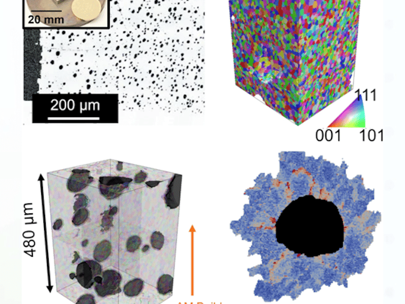 Additively manufactured Alnico magnets and 3D microstructure generated using TriBeam tomography.