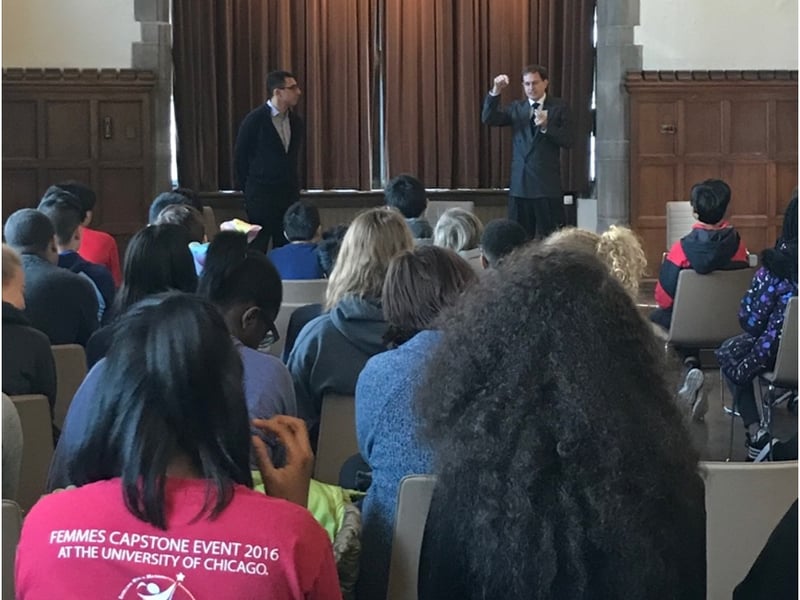 Chicago Public School students participate in a discussion of the science and events relevant to Copenhagen before the matinee performance at Northwestern University.
