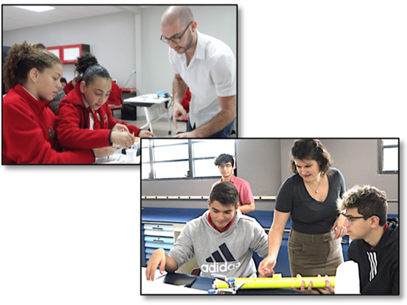 Graduate students (top) Omar Padilla Velez teaching high school students at Escuela Cedin about batteries with electrochemistry lab  and (bottom) Berit Goodge presenting how to build a microscope using pvc pipes and lenses at Sebastian Bilingual High School in Puerto Rico.