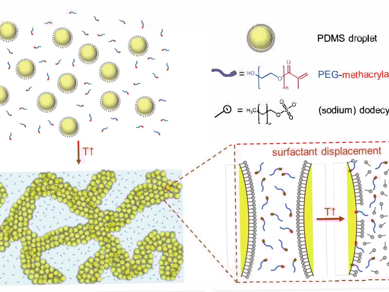 Schematic diagram showing the nanoemulsion system and thermally-induced surfactant displacement. By displacing charged surfactants we can change the droplet-droplet interactions and induce gelation.