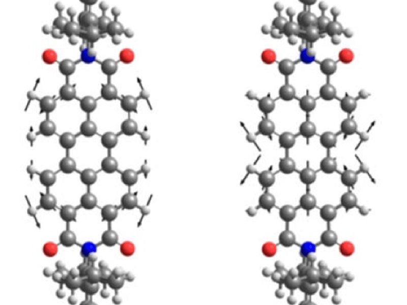 Schematic of the molecular structure and vibrational modes of the perylene diimide molecules used in this study.