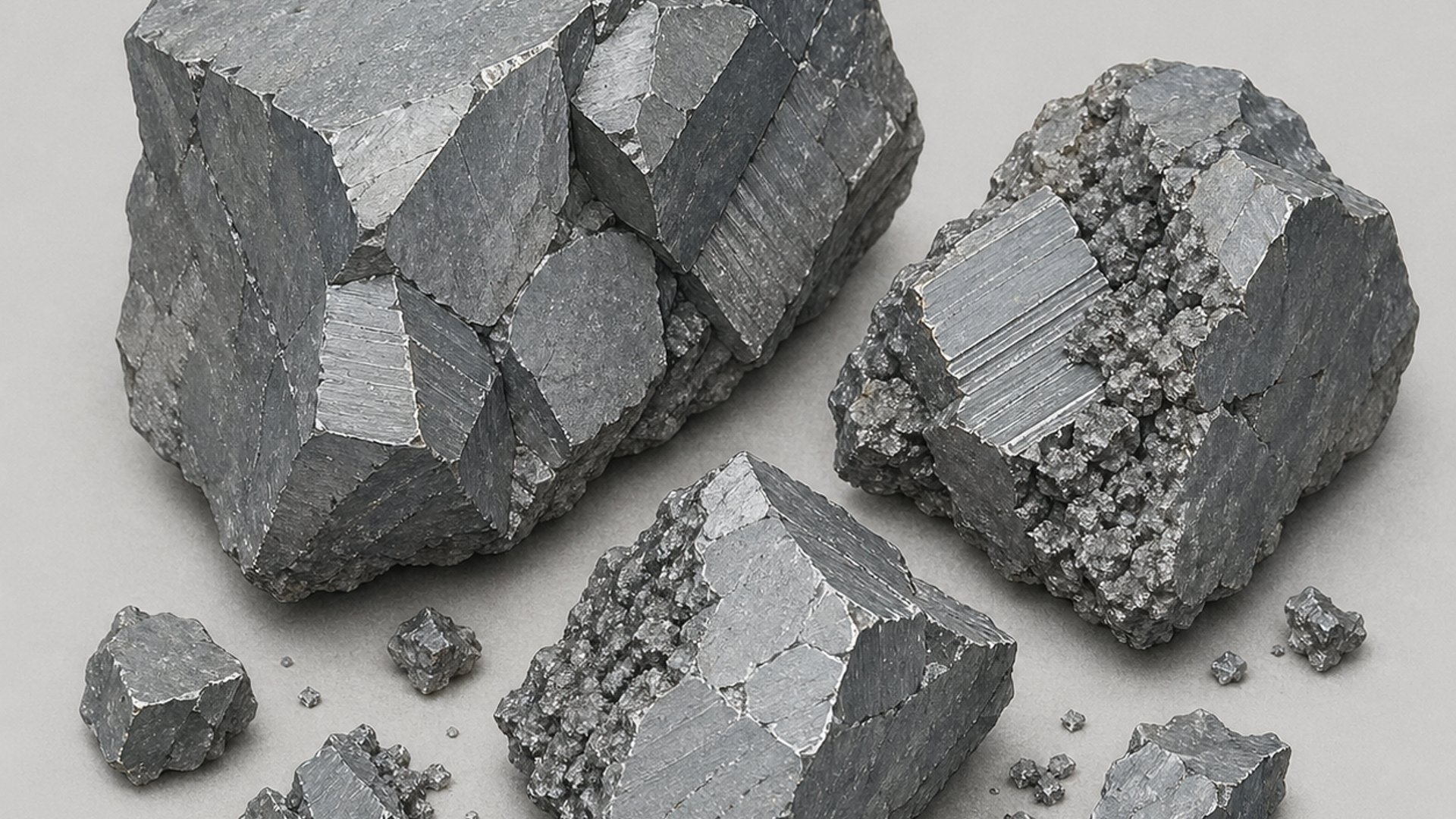 An AI-generated illustrative depiction of gray tin’s brittle, gray crystalline appearance. 