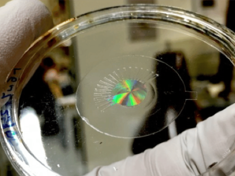 Image of silicon metalens mounted on a transparent, stretchy polymer film, without any electrodes. The colorful interior is produced by the large number of nanostructures courtesy of the Capasson Laboratory. Alan She, Shuyan Zhang, Samuel Shian, David R. Clarke, and Federico Capasso, “Adaptive metalenses with simultaneous electrical control of focal length, astigmatism, and shift,” Sci. Adv. 4, eaap9957 (2018) [DOI: 10.1126/sciadv.aap9957]