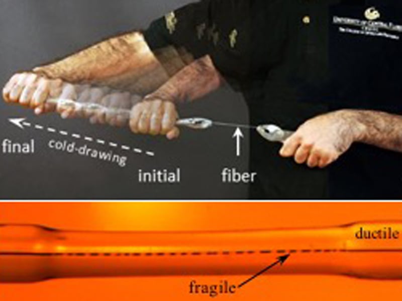 Top: Photograph of a cylindrical polymer fiber undergoing cold-drawing under axial stress at a speed of approximately 5 mm/s. Multiple shots taken over 1 min are overlaid to highlight the extent of fiber elongation. Bottom: Transmission optical micrograph of a multimaterial cylindrical fiber after undergoing cold-drawing, as shown in the top panel. The fiber consists of a brittle glass core (diameter ~ 10 – 20 microns) embedded in a larger diameter ductile polymer cladding ( diameter ~ 1 mm).