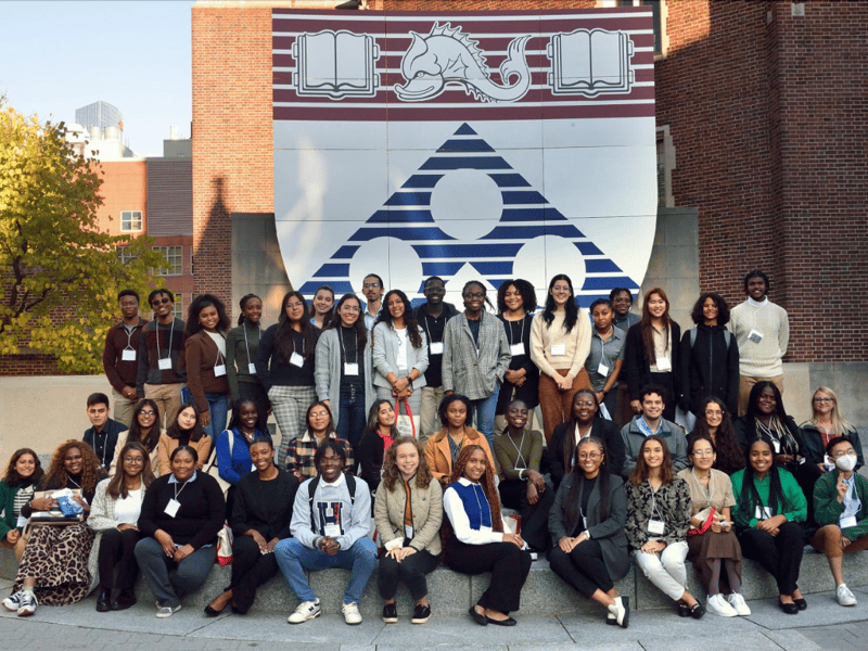 Top: 2022 inaugural DEEPenn STEM cohort  /  Bottom: Zahra Fakhraai, LRSM faculty and professor of Chemistry at Penn, speaking to participants during the faculty research talk segment of the DEEPenn STEM weekend. Image source: Felice Macera