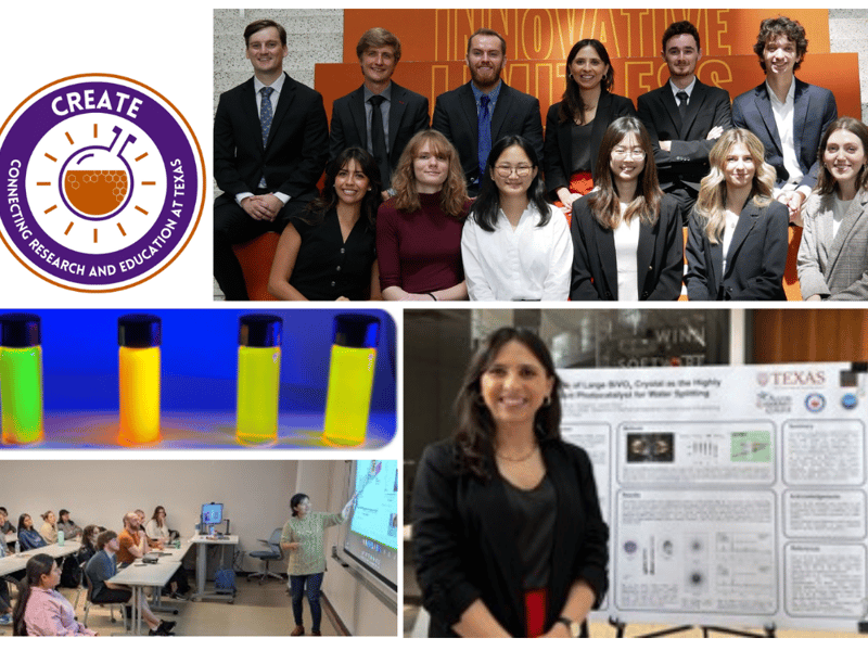 Top: Photo of the CREATE 2024 student cohort taken at the program’s capstone poster session in July 2024. Left: Perylenediimide dyes synthesized by CREATE student Paige Melancon. Bottom Left: CREATE seminar held in February 2025 featuring CDCM Seed investigator Wennie Wang. Bottom: CREATE student Burna Leao Souza pictured with her capstone poster. 
