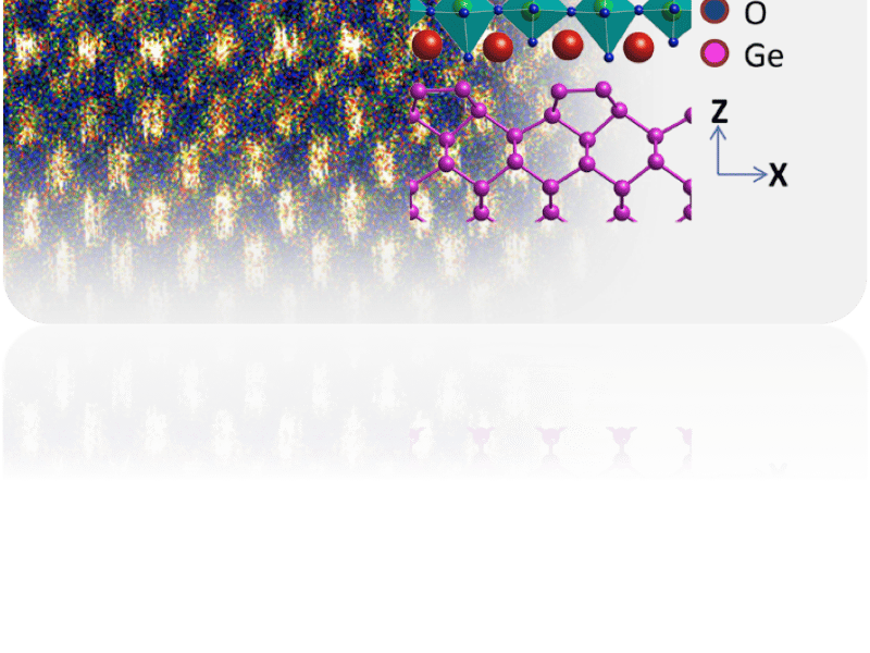 Cross section of a thin film of BaTiO3 on Ge imaged using transmission electron microscopy.