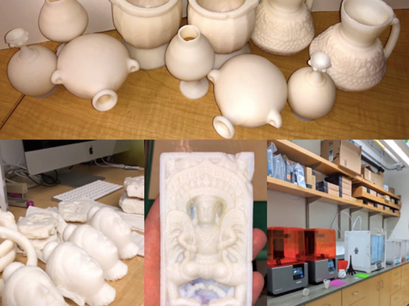 Selection of 3D printed artifacts clockwise from top: flasks & pottery; 3D printer lab; ivory plaque; Buddha heads Image source: Justin Jureller, Jeff Gustafson