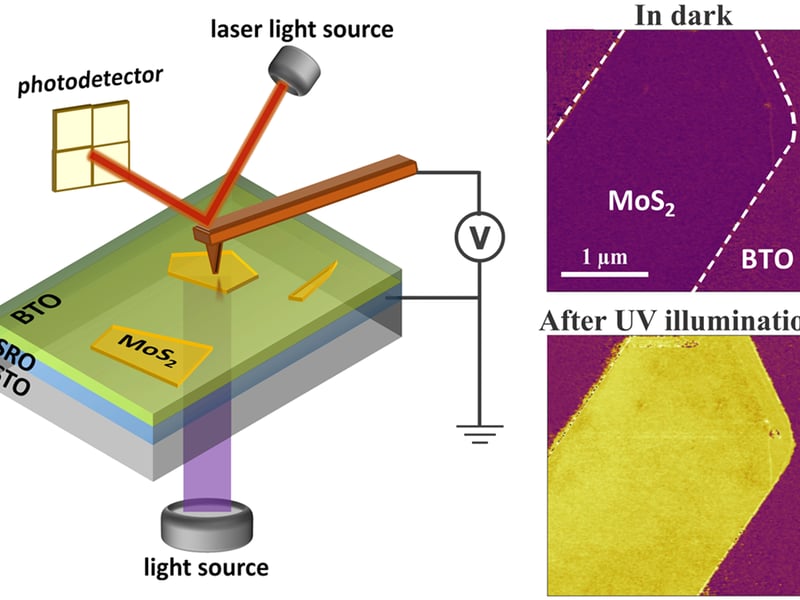 Optically-induced polarization reversal in hybrid MoS2/BaTiO3 (BTO) structures: geometry of experiment (left panel) and polarization state of BaTiO3 (right panels). The BaTiO3 surface is partially covered with MoS2. Under ultraviolet (UV) illumination polarization of the BaTiO3 film underneath the MoS2  flake is reversed as indicated by color.