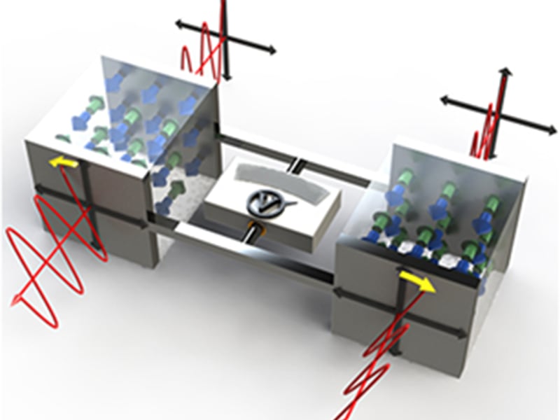 Schematics of the physical principle to discriminate two ordered states of a magnetoelectric antiferromagnet. In the presence of applied voltage, the polarization plane of linearly polarized light rotates in opposite directions when light is transmitted through the domains with reversed spins.