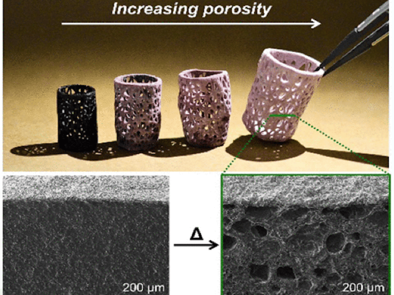 Top: Examples of printed structures with complex geometries. Bottom: Internal structures before (left) and after (right) heating, showing the thermal activation of microporosity.
