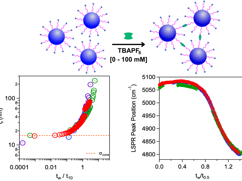 Nanocrystals are linked by dynamic covalent bonds which facilitate gelation on salt-accelerated timescales. Correlation length scale and optical extinction peak exhibit superimposable evolution at varied salt concentrations, demonstrating a consistent pathway for gel evolution.
