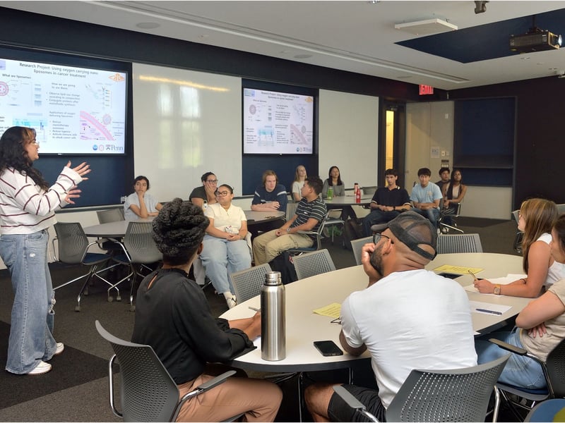 LRSM REU student presenting their research to RET teachers, graduate students, CPI REU students, and CHARM REU students. 
