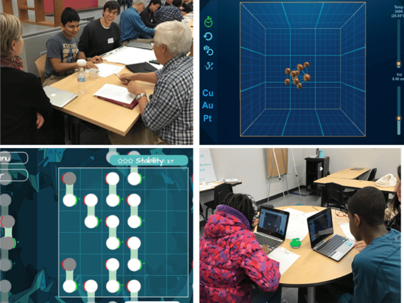 MRSEC members generate ideas for digital games (top left). Two games, Atom Touch (top right) and Crystal Cave (bottom left), have been played over 33,000 times since they were released. Students test the games (bottom right) to help improve them.