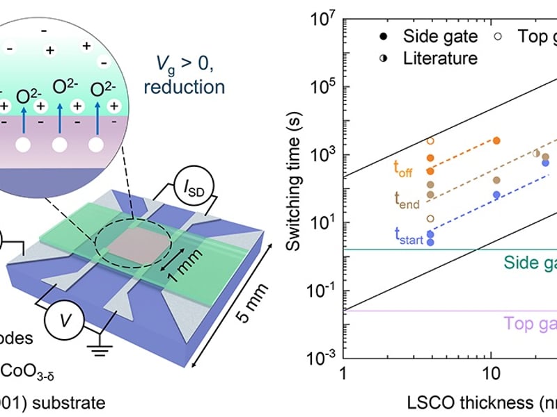 Left: Schematic of an LSCO-based ion-gel electrochemical transistor studied in this work. Right: Switching time vs. LSCO thickness. The three times shown are to start and end the transformation, and to reach a high ON/OFF ratio. Image credit: American Chemical Society. Liang et al., ACS Nano 19, 27782 (2025)