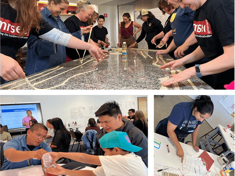 Top: Teachers learn about the science of noodles with local chef Tracy Chang during summer 2024 in-person teacher workshop. Bottom left: Teachers learn about the science of boba and encapsulation at Navajo Technical University. Bottom right: MRSEC student Reena Paink works with high school students during a February 2025 workshop.