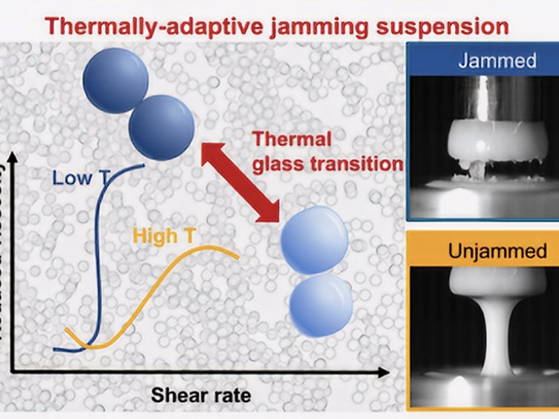In suspensions of polymer particles designed to undergo a glass transition, the ability to shear jam can be turned on (or off) in situ by varying temperature. Images show pull tests.