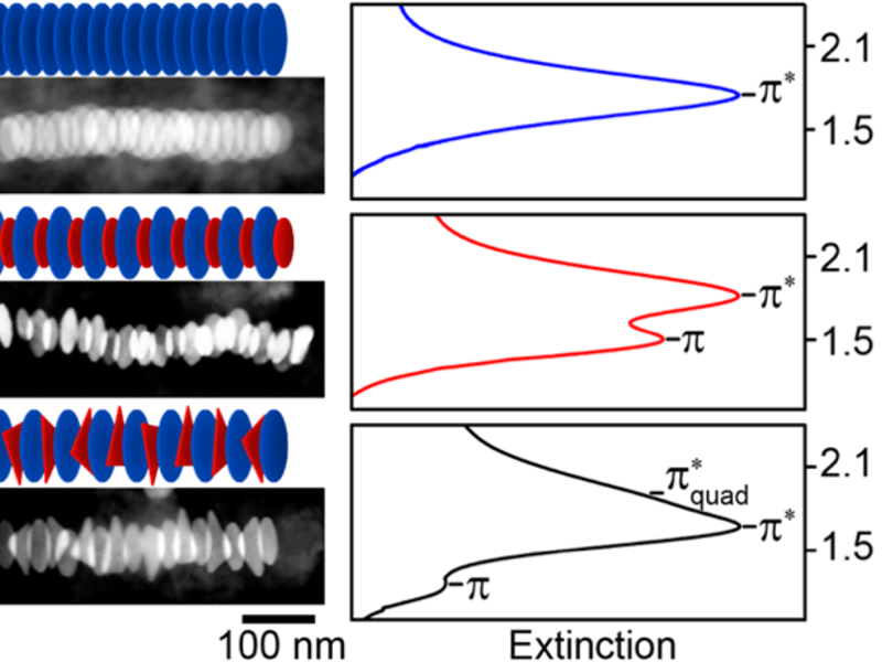 (Left) Scanning electron microscopy images of DNA-linked gold nanodisk stacks. (Right) Optical extinction spectra of the stacks.