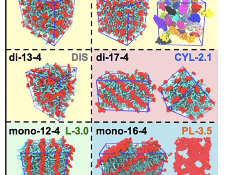 Simulation snapshots of meso-phases formed by H(CHOH)x(CH2)yH oligomers (polar in red and nonpolar in cyan) including Lamellae, Perforated Lamellae, Cylinders, and Disordered Micelles. The numbers indicate the domain periods.