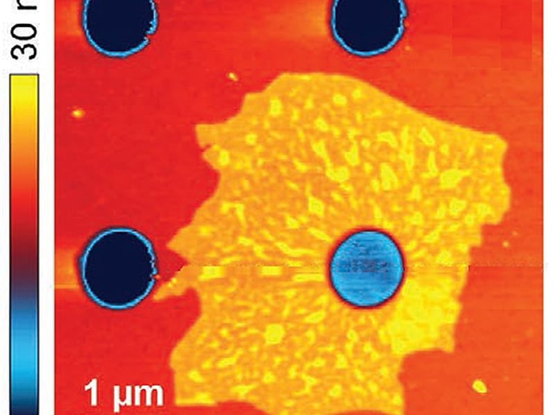 Atomic Force Microscopy (AFM) image of an Nb4C3Tx MXene flake covering an 820 nm microwell in a Si/SiO2 substrate. The color map reflects AFM measured height on the sample. The blue spot indicates an AFM-indented area of the flake atop of the microwell.