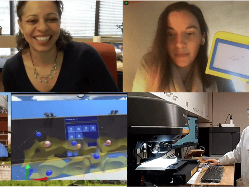 Fig. 1: a) Director Mason leads a lesson on how temperature affects materials, b) Perry leads students as they take apart a magnetic drawing board, c) Schleife lets students explore atomic structure with a VR lesson; d) Walsh shows the surfaces of a pencil using an optical profiler, then leads students in writing haikus about it, e)  a 7th grader’s haiku inspired by examining the pencil (shown in background).