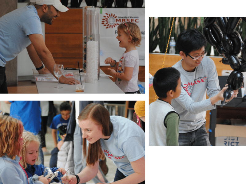 MRSEC researchers teach the  public about metallic glasses (top left), light emitting diodes (bottom left), and carbon nanomaterials (center right).