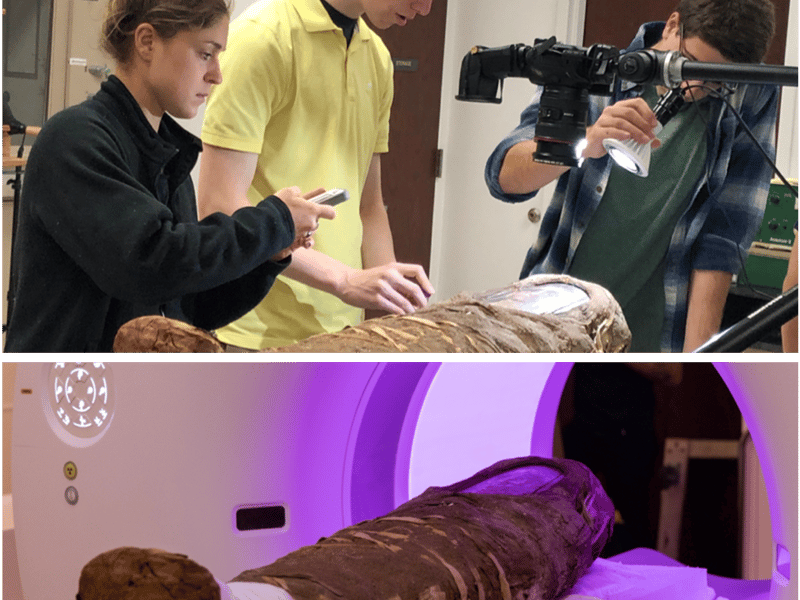 Top: Undergraduate students examine the Hibbard Mummy. Bottom: The Hibbard Mummy is analyzed using Advanced Photon Source synchrotron radiation.

