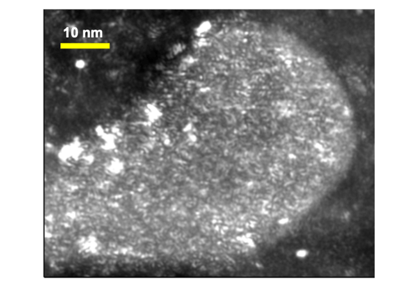 An image acquired on a prototype ultrafast camera capable of acquiring images in 200 microseconds. The image shows a metallic glass nanowire, heated inside the microscope into the liquid state so the atoms start to move.