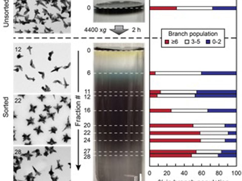 Density gradient centrifugation refines the shape distribution of gold nanostars in aqueous solution.