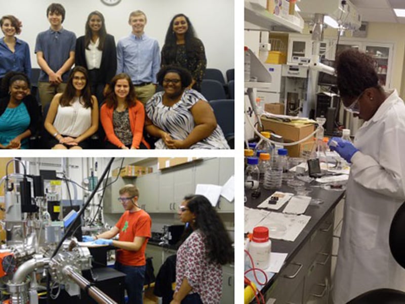 (Top Left): 2016 C-PHOM High School Research Program Participants. (Bottom Left): 2016 High School student working in the lab with Grad mentor. (Right): 2016 High School student working in the lab.