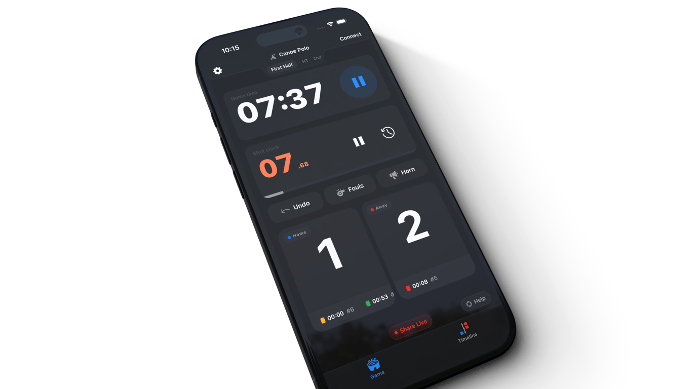 Arenachamp app scoring a canoe polo game on a phone